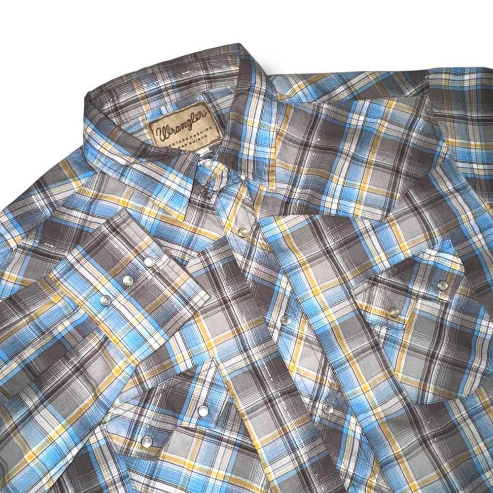Wrangler Mens XL Western Snap Shirt Plaid Blue Grey Yellow Metallic WM889GY‎